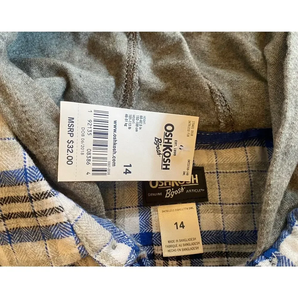 NWT Oshkosh Boys Flannel Hoodie Shirt Sz 14 $32 Blue Gray